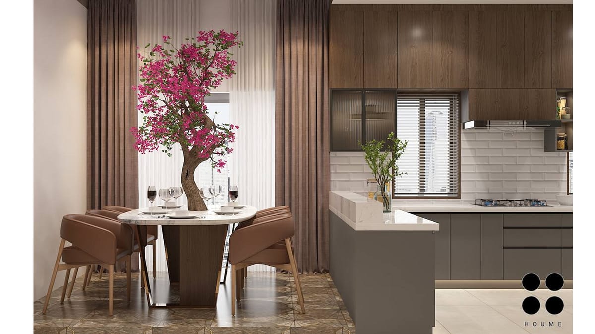 A photorealistic image showcasing a modern kitchen with sleek, white cabinets with black pulls. Stainless steel appliances and a brushed gold faucet complement the clean lines of the design. White countertops provide a bright and airy feel, while a patterned backsplash adds a touch of visual interest. D