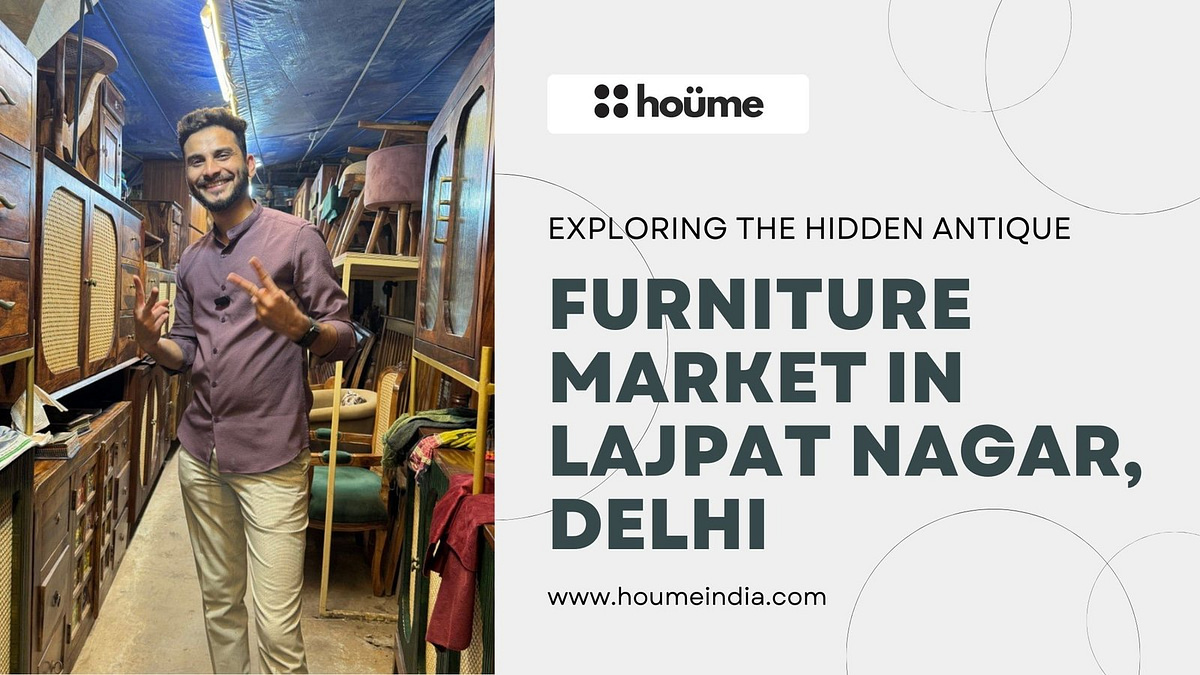 Antique furniture market in Lajpat Nagar, Delhi, showcasing a variety of vintage wooden furniture pieces.