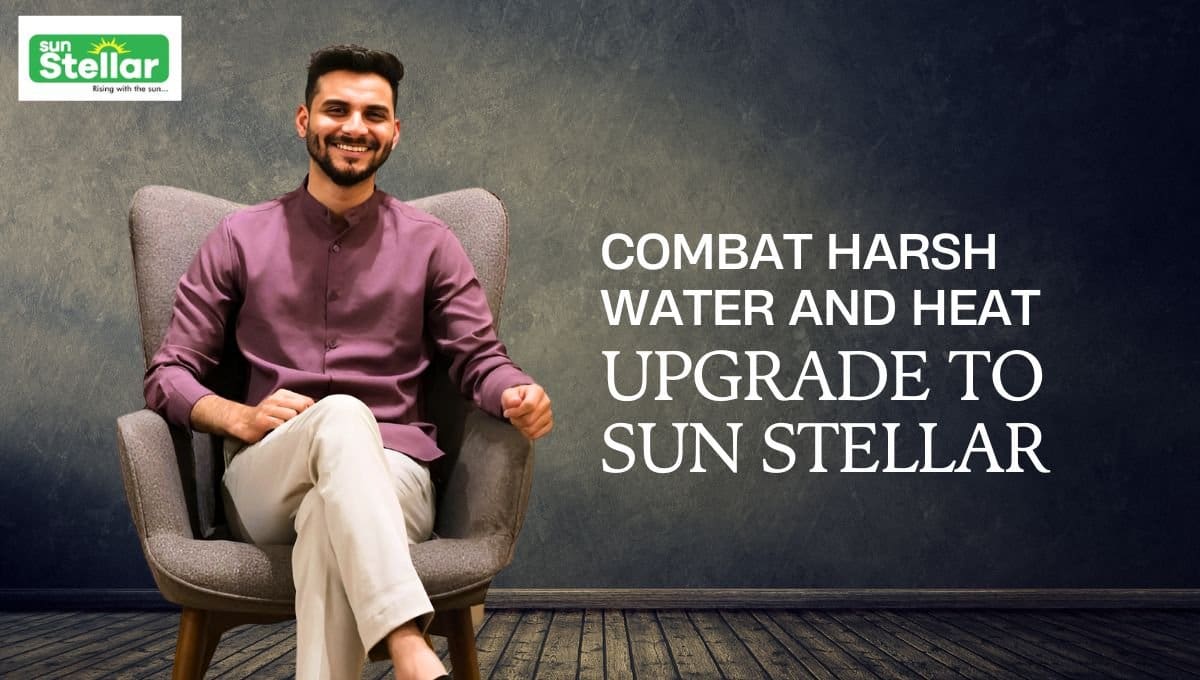 A Sun Stellar water heater with a graphic of the sun rising behind it, emphasizing its ability to combat harsh weather conditions.