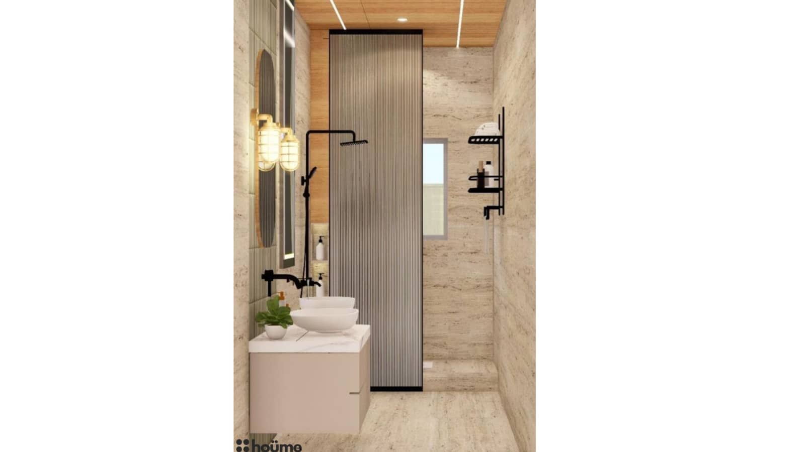 A contemporary washroom featuring a textured wall with vertical tiles, an oval mirror, and a floating vanity. B