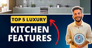 A promotional image highlighting 5 luxury kitchen features with a modern kitchen in the background.