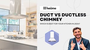 A split image comparing ducted and ductless chimneys for kitchens, with text asking "which is best for your kitchen in 2024? ".