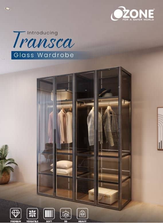 A modern glass wardrobe with sliding doors, showcasing organized clothing and accessories.