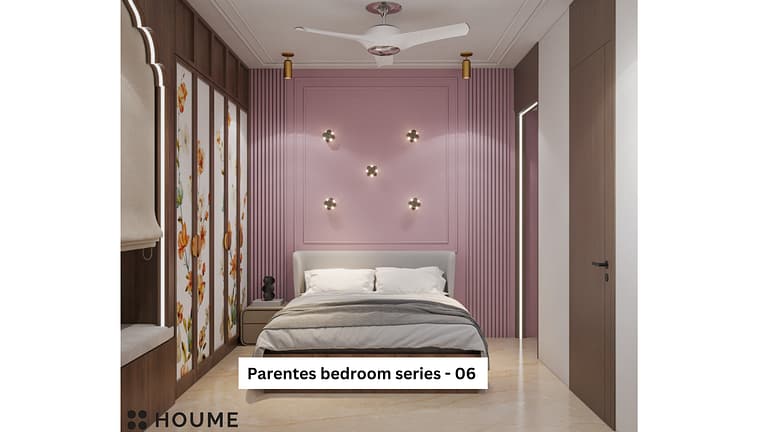 Elevate your parents' bedroom with this sophisticated design from houme. We've blended contemporary aesthetics with a touch of indian tradition, featuring a stunning floral wardrobe, soothing pink hues, and elegant recessed lighting.