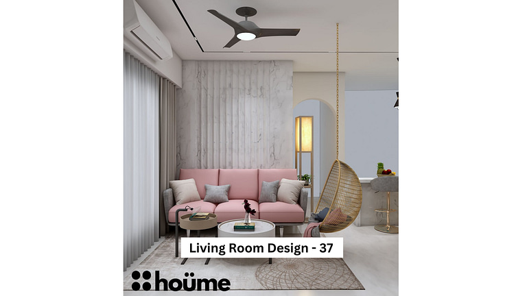 A modern living room with a pink sofa, a hanging rattan chair, and a textured accent wall a