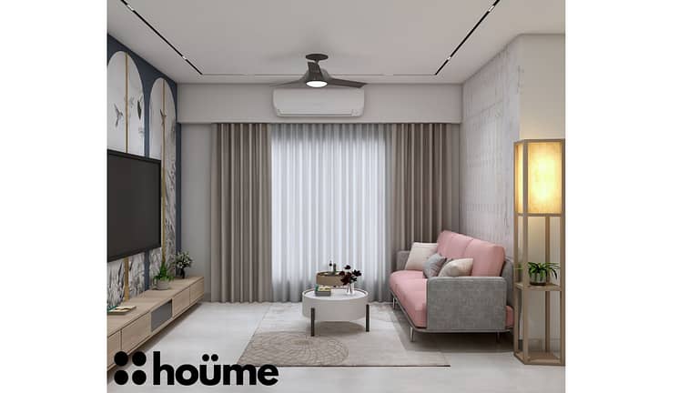 A modern living room with a pink sofa, a hanging rattan chair, and a textured accent wall b