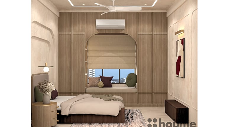 A bedroom interior with a beige color scheme, a bed with a headboard, a bedside table, and built-in wardrobes with an arched alcove. B