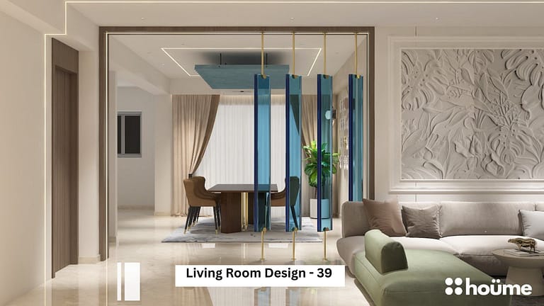 A contemporary living room design featuring a stylish blue glass partition separating the dining area, as showcased on houme india's website. A