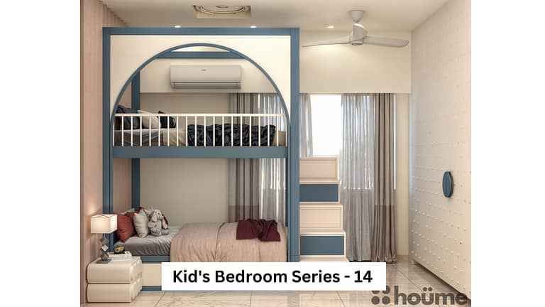 A modern kids' bedroom featuring a space-saving bunk bed with a blue frame and integrated staircase. A