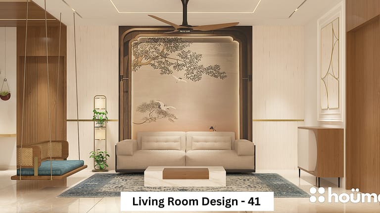 A minimalist living room featuring a nature-themed mural, a hanging swing chair, and a cream-colored sofa. A