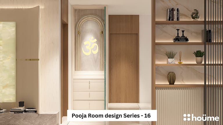 A well-lit modern pooja room with a sleek white cabinet, a backdrop featuring the Om symbol, and a wooden door. A