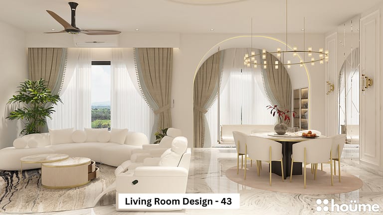 A bright and airy open-plan living and dining room with arched doorways, a white curved sofa, and a round dining table.A