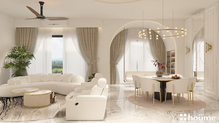 A bright and airy open-plan living and dining room with arched doorways, a white curved sofa, and a round dining table. B