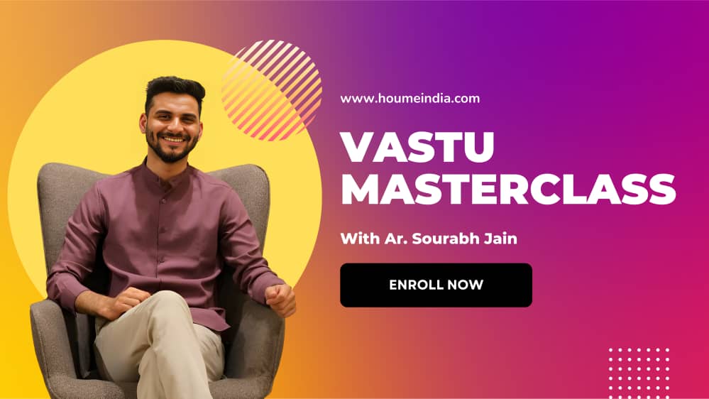 Vastu Masterclass with Architect Sourabh Jain, hosted by Houme India, featuring a colorful gradient background.